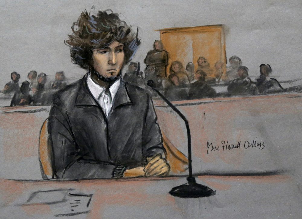In this courtroom sketch, Dzhokhar Tsarnaev appears in federal court in Boston for a final hearing before his January trial. (Jane Flavell Collins/AP)