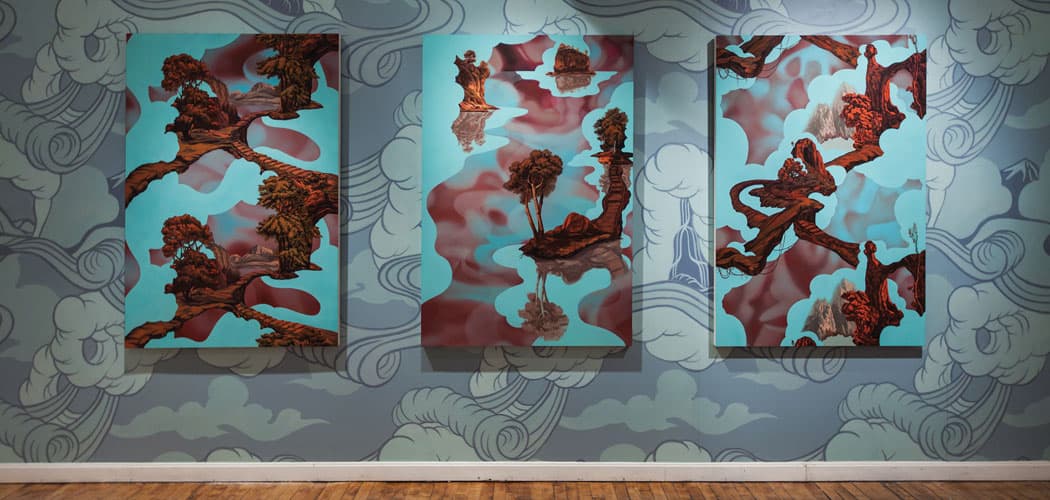 Cristi Rinklin's painting "Specter 1, 2 and 3," oil and acrylic on aluminum, displayed on custom wallpaper, at Steven Zevitas Gallery. (Courtesy)