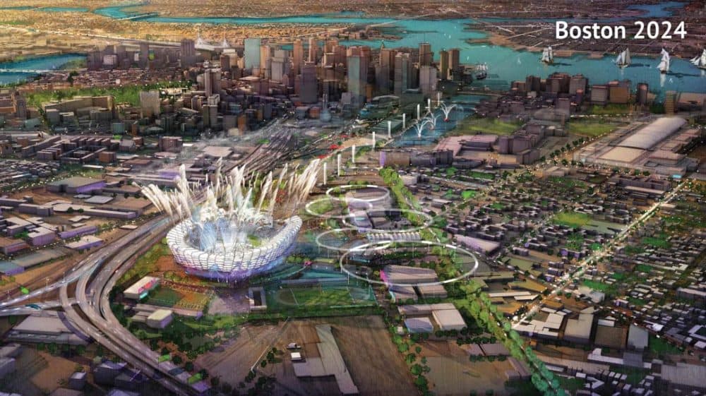 A rendering of the proposed Olympic Stadium from Boston 2024's original bid proposal to the US Olympic Committee. The group overseeing Boston's Olympic bid has released the complete version of its original bid documents to the public. Previously the group had released a redacted version of the bid. (Boston 2024)