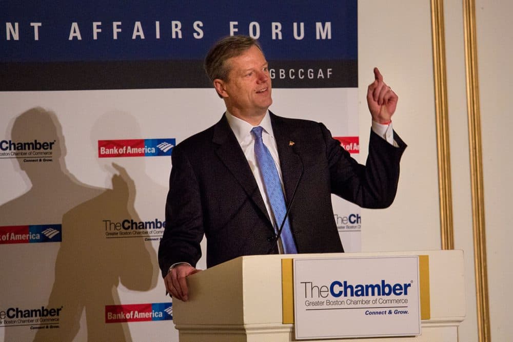Gov. Charlie Baker addresses the Greater Boston Chamber of Commerce Thursday morning. (Jesse Costa/WBUR)