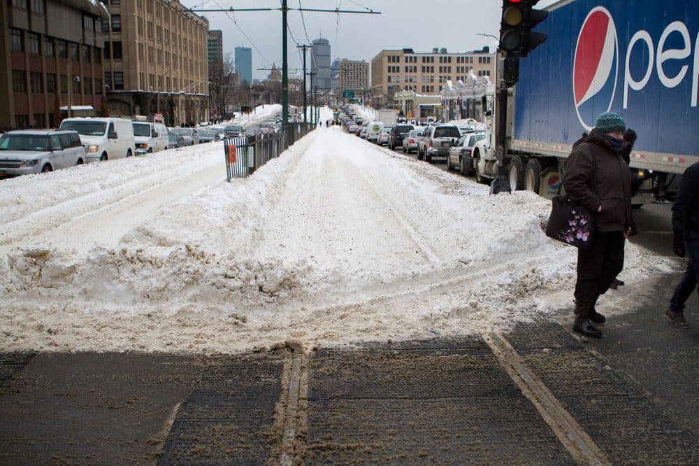 Along Commonwealth Avenue outside WBUR in Boston, there was no Green Line B branch service on Tuesday morning. (Jesse Costa/WBUR)