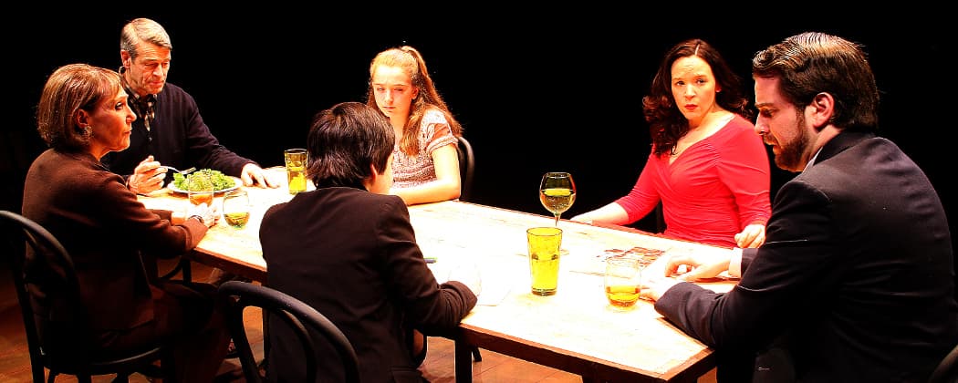 Shelley Brown, Peter Brown, Alec Shiman, Arianna Reith, Becca A. Lewis and Devon Scalisi in "The Big Meal." (Richard Hall/Silverline Images)