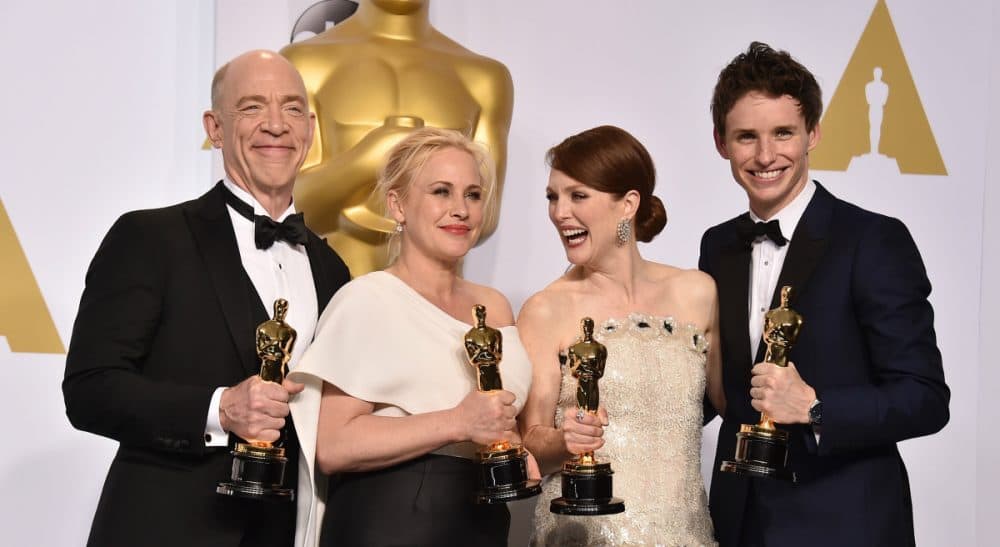 John Winters: Yes, the awards are out of step with the mainstream, but that’s good -- and beside the point. Pictured, from left: J.K. Simmons, winner of the award for best actor in a supporting role for “Whiplash,” Patricia Arquette, best actress in a supporting role for “Boyhood,” Julianne Moore, best actress in a leading role for “Still Alice," and Eddie Redmayne, best actor in a leading role for “The Theory of Everything,” pose in the press room at the Oscars on Sunday, Feb. 22, 2015, at the Dolby Theatre in Los Angeles. (Jordan Strauss/AP)