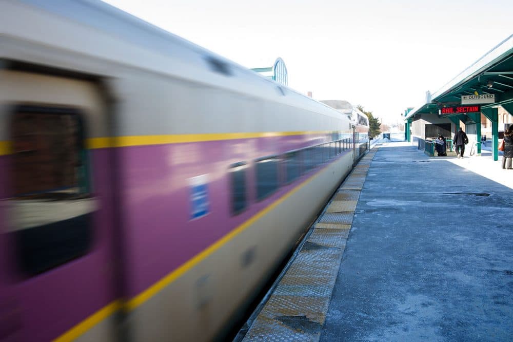A northbound MBTA commuter rail train leaves Lynn station. (Jesse Costa/WBUR)