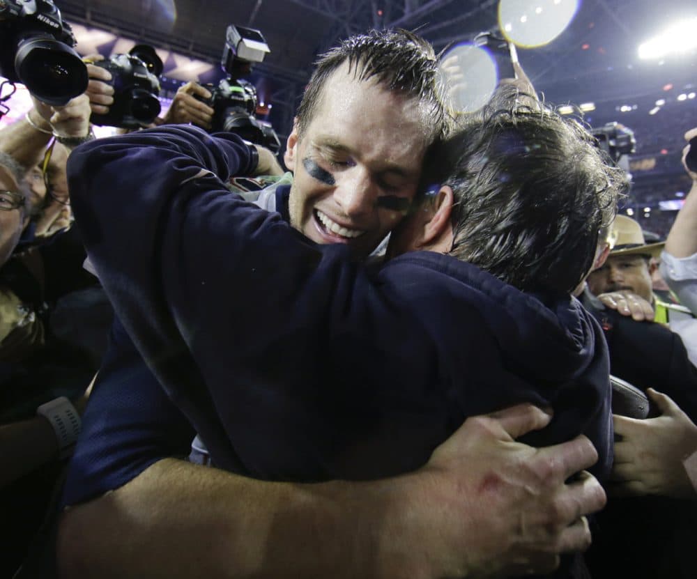 New England Patriots quarterback Tom Brady (12) celebrates with head coach Bill Belichick after winning the NFL Super Bowl XLIX football game against the Seattle Seahawks Sunday in Glendale, Ariz. The Patriots won the game 28-24. (Matt Slocum/AP)