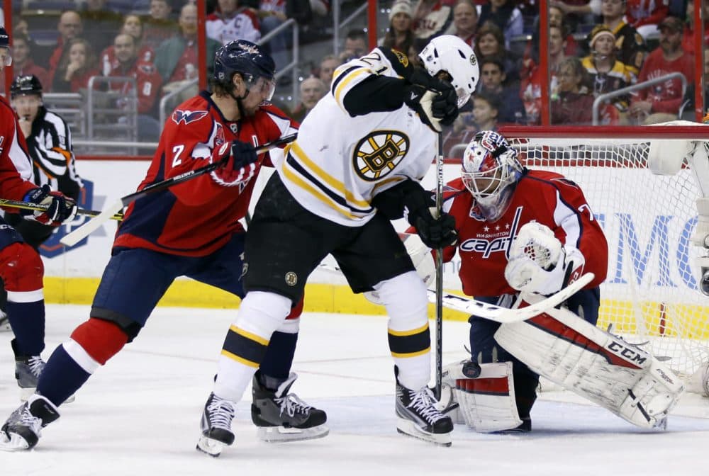 Washington Capitals defenseman Matt Niskanen (2) works against Bruins left wing Loui Eriksson (21), from Sweden, with goalie Braden Holtby (70) in the second period. (AP/Alex Brandon)