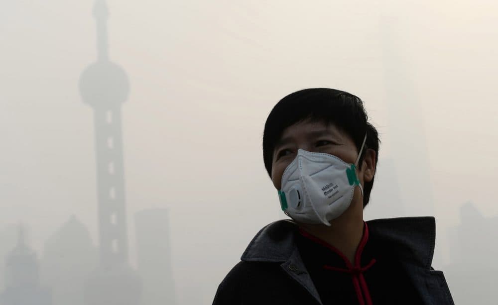 A man wears a mask amid heavy smog on the Bund in Shanghai on November 12, 2014. (AFP/Getty Images)