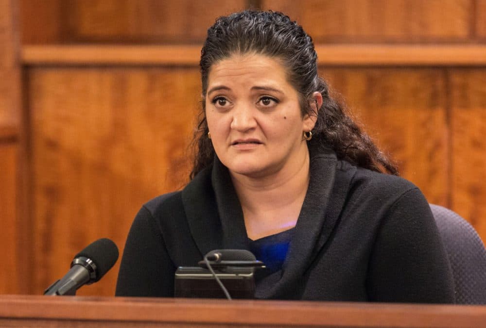 Witness Jennifer Mercado, a cousin of defendant Aaron Hernandez, testifies during his murder trial Tuesday. (The Boston Globe/Aram Boghosian/Pool)