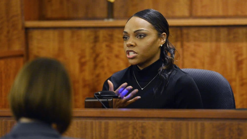 Aaron Hernandez's fiance Shayanna Jenkins testifies during his murder trial Friday. (CJ Gunther/AP)
