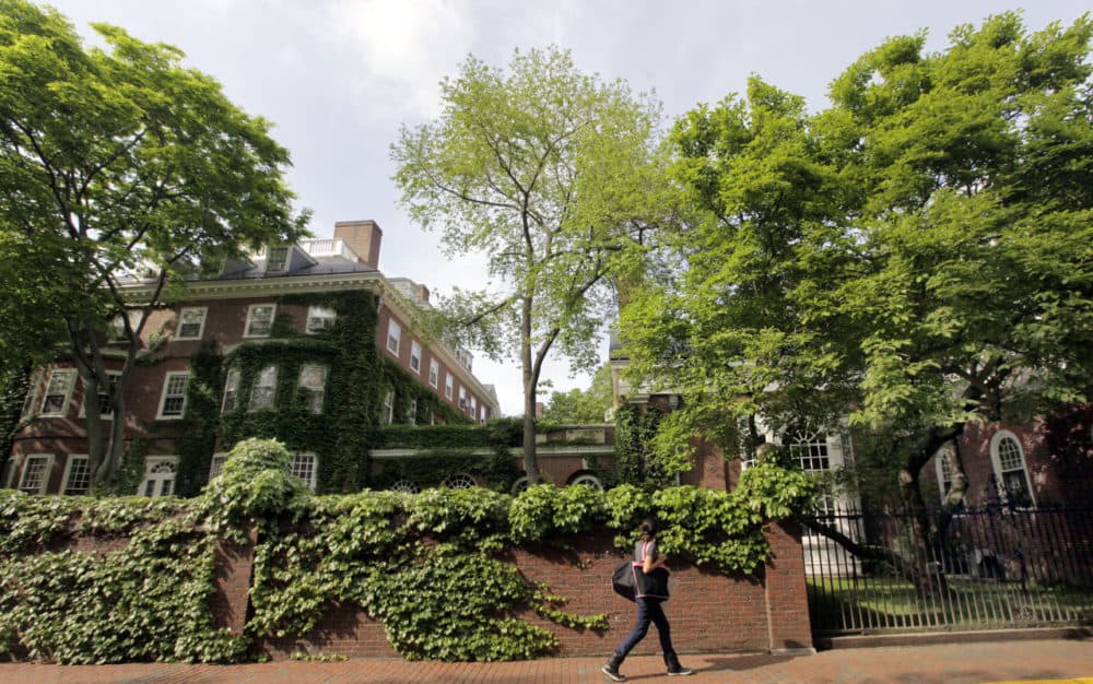 A woman walks by buildings on the campus of Harvard University in Cambridge, Mass. (Elise Amendola/AP)