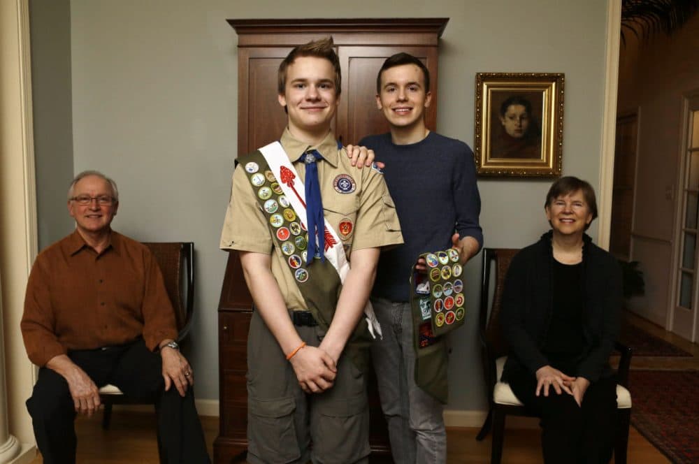 Pascal Tessier, 16, (center left), a Boy Scout, and his brother Lucien Tessier, 20, who had earned the rank of Eagle Scout, pose for a portrait with their parents, Oliver Tessier, left, and Tracie Felker, at their home in Kensington, Md., on Feb. 4, 2013. The two Tessier boys enjoyed Cub Scouts, progressed to Boy Scouts, and continued to thrive there even as many in their troop became aware that each boy was gay. The family hopes the BSA's top leaders officially scrap the ban so that open acceptance becomes the norm for Scout units nationwide. (Jacquelyn Martin/AP)