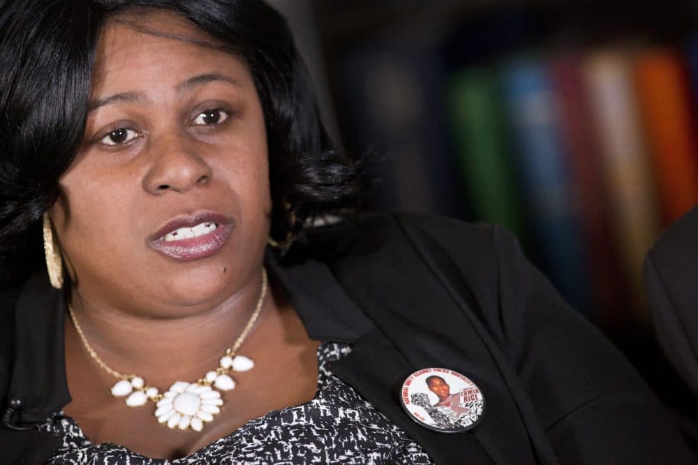 Samaria Rice of Cleveland, Ohio, wears a button with her son's photograph on Dec. 15, 2014 in New York. A Cleveland police officer fatally shot 12-year-old Tamir Rice on Nov. 22 as he played with a toy gun outside a recreation center. Rice says her son was never given a chance to follow officers' orders, but she believes the family &quot;will have justice.&quot; (Mark Lennihan/AP)