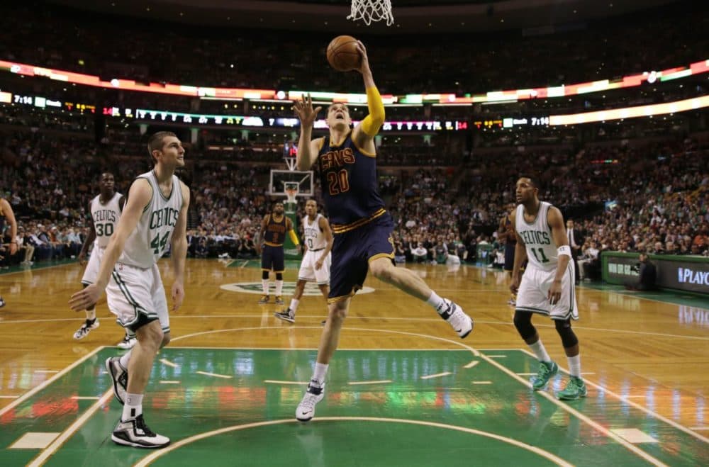 Cleveland Cavaliers center Timofey Mozgov (20) during the first quarter of a first-round NBA playoff basketball game in Boston, Thursday. (Charles Krupa/AP)