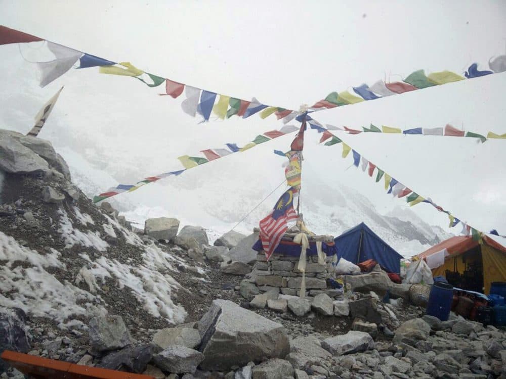 This photo provided by Azim Afif, shows the scene at Everest Base Camp, Nepal on Tuesday, April, 28, 2015. On Saturday, a large avalanche triggered by Nepal's massive earthquake slammed into a section of the Mount Everest mountaineering base camp, killing a number of people and left others unaccounted for. Afif and his team of four others from the Universiti Teknologi Malaysia (UTM) all survived the avalanche. (Azim Afif via AP)