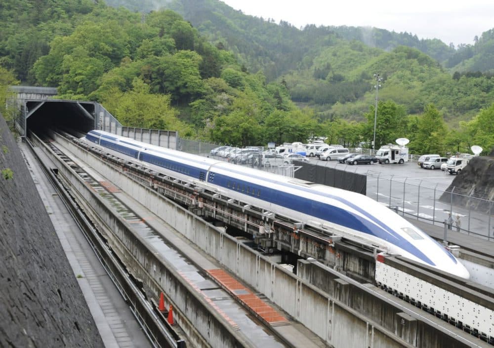 The Maglev (magnetic levitation) train speeds during a test run on the experimental track in Tsuru, 100km west of Tokyo, on May 11, 2010. (Toru Yamanaka/AFP/Getty Images)