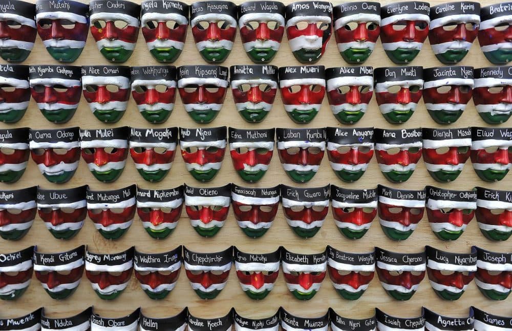 Masks with the names of the victims of the attack on Garissa University College are displayed during a memorial concert in downtown Nairobi on April 14, 2015. The massacre, claimed by Somalia's Al-Qaeda-linked Shebab insurgents on a university campus in Kenya's nothern town of Garissa, claimed the lives of 142 students, three police officers and three soldiers at the university in the northeastern town of Garissa. (Simon Maina/AFP/Getty Images)