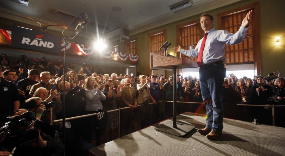Republican Presidential candidate, Sen. Rand Paul, R-Ky., acknowledges a crowd, Wednesday, April 8, 2015, in Milford, N.H. Paul, a newly declared Republican presidential candidate, is dodging a central question about abortion: What exceptions, if any, should be made if the procedure were to be banned? In an interview with The Associated Press on Wednesday, Paul would not say where, in his view, a pregnant woman’s rights begin and those of the fetus end. (AP)
