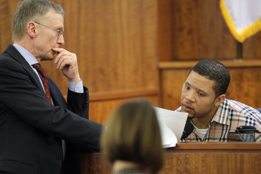 Defense attorney Charles Rankin, left, cross examines prosecution witness Alexander Bradley during former Aaron Hernandez's murder trial Wednesday. (Brian Snyder/AP/Pool)