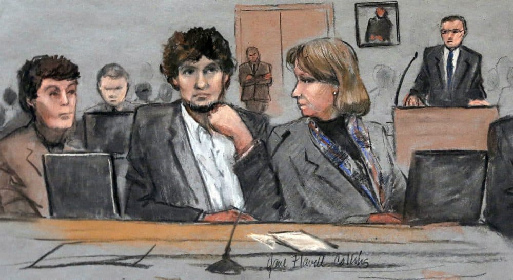 Chris Daly: "No matter what the cost, the trial was worthwhile. Its value cannot be measured in money alone." Pictured: In this March 5, 2015 file courtroom sketch, Dzhokhar Tsarnaev, center, is depicted between defense attorneys Miriam Conrad, left, and Judy Clarke, right, during his federal death penalty trial in Boston. On Wednesday, April 8, 2015, Tsarnaev was found guilty on all 30 counts against him. (Jane Flavell Collins/AP)
