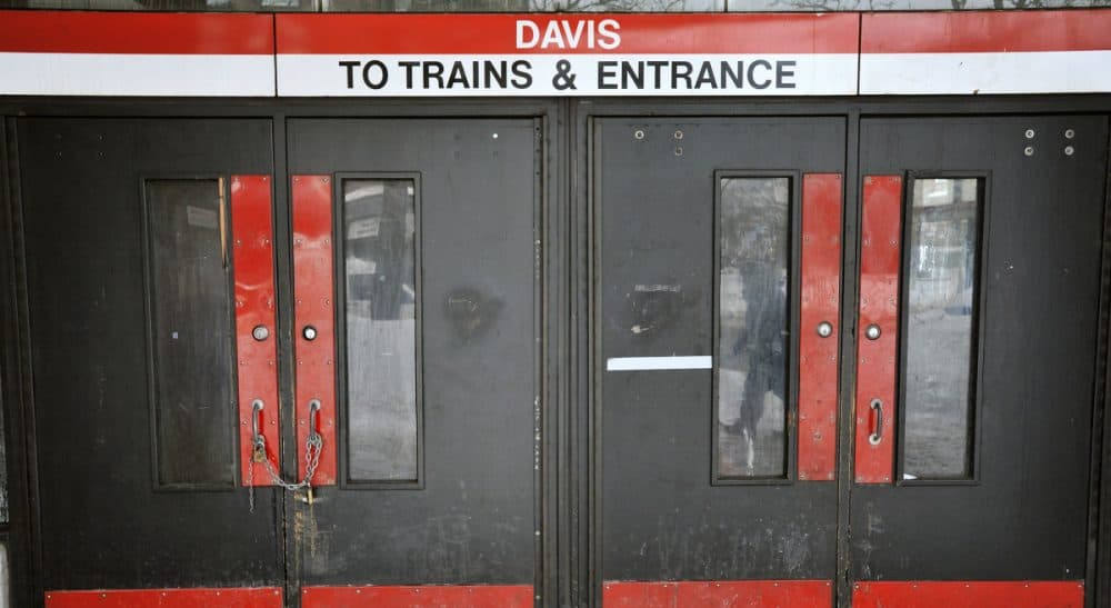 Rick Dimino: "A failing T means a failing economy." Pictured: Locked doors confront would-be passengers at the entrance to the MBTA subway station at Davis Square in Somerville, Mass., Tuesday, Feb. 10, 2015. The third major winter storm in two weeks left the Boston area with another two feet of snow and forced the MBTA to suspend all rail service for the day. (Josh Reynolds/AP)