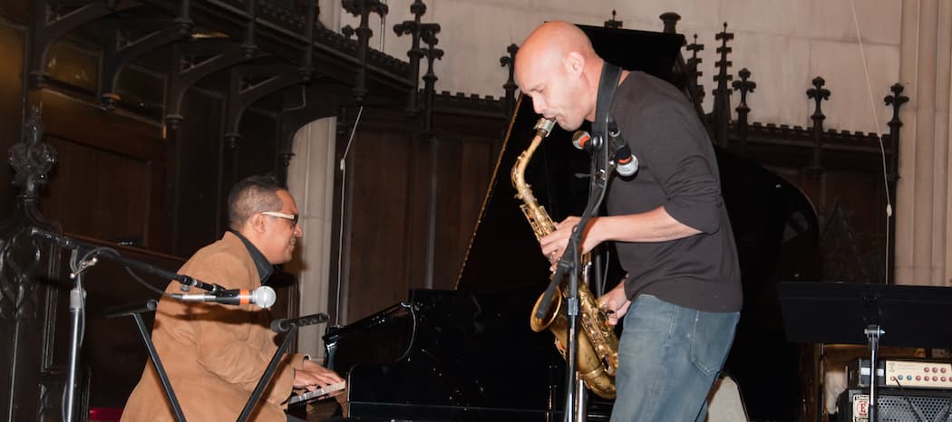 Danilo Pérez and Miguel Zenón in an improvised performance at JazzBoston's International Jazz Day concert. (Courtesy JazzBoston)