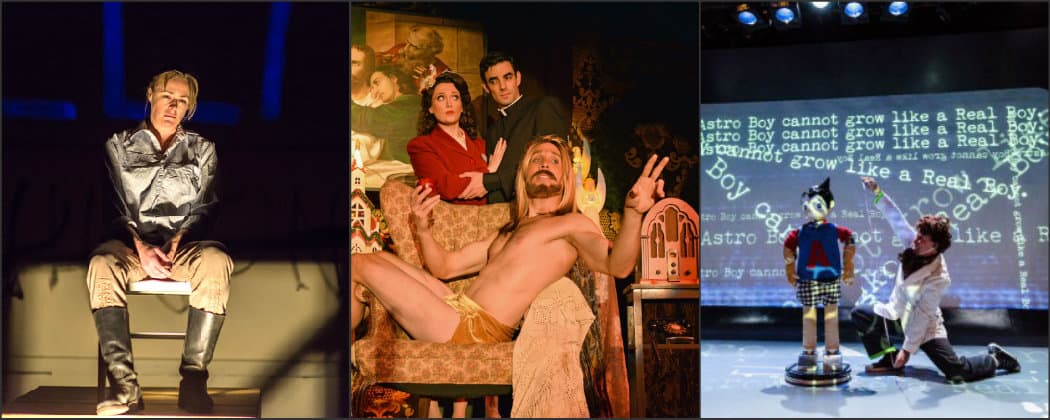Andrus Nicholas in Bedlam's "Saint Joan," a scene from Ryan Landry's "Jesus Christ, It's Christmas" and Clark Young and the creation of Astro Boy. (A.R. Sinclair Photography/Michael von Redlich/Liza Voll)