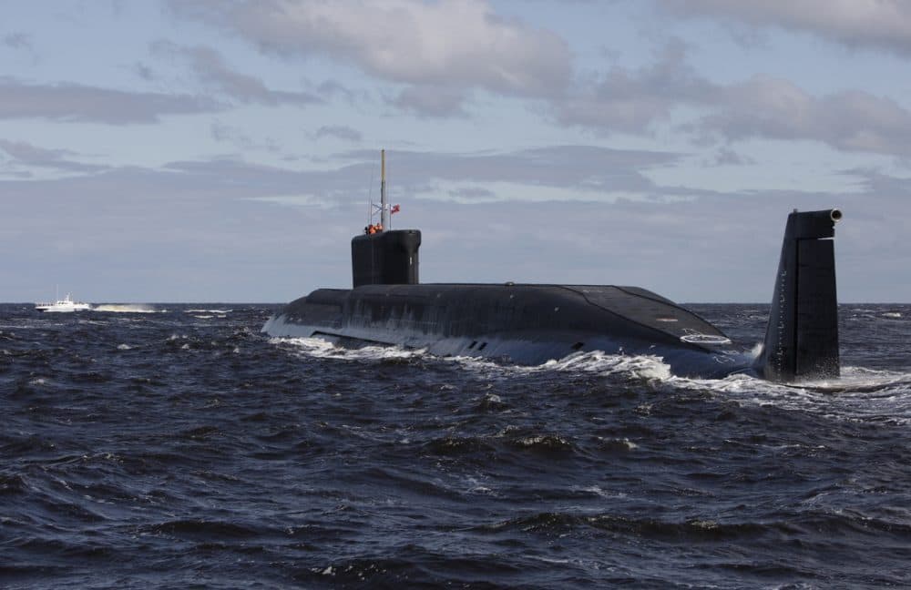 A Russian nuclear submarine is pictured near the Sevmash factory in the northern city of Arkhangelsk, Russia, July 2, 2009. (Alexander Zemlianichenko/AP)