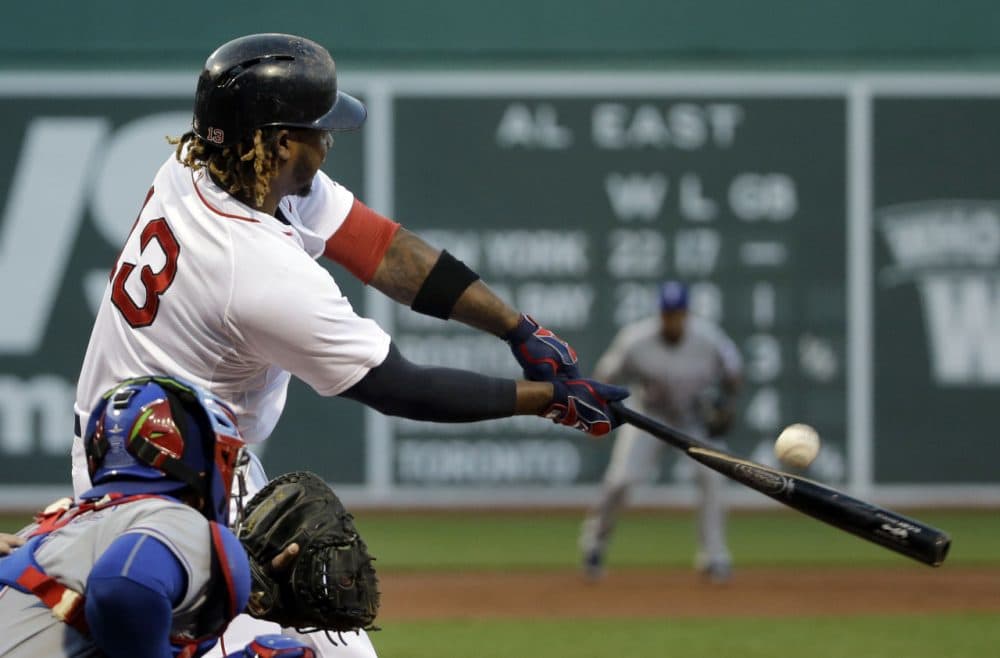 Hanley Ramirez breaks his bat in the first inning of a game against the Texas Rangers at Fenway Park, Tuesday May 19, 2015. (Elise Amendola/AP)
