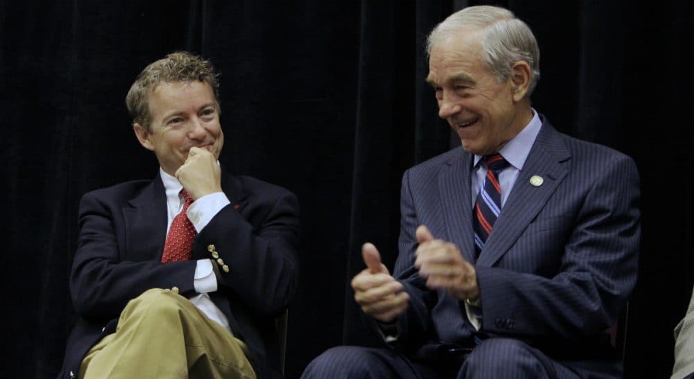 The political philosophy is great for back-benching, but not for governing, says Rich Barlow. Pictured: Rand Paul, left, with his father, Ron Paul, Saturday, Oct. 2, 2010. (Ed Reinke/AP)