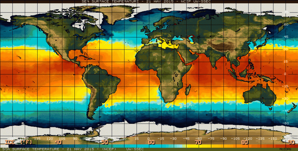 A map shows sea surface temperatures on May 21, 2015. El Niño is characterized by unusually warm temperatures in the Pacific and affects global temperatures and rainfall. (NOAA)