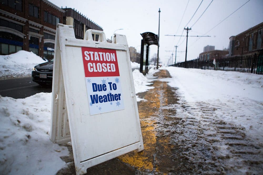 Gov. Charlie Baker has proposed a "resiliency plan" for the MBTA that he hopes will help avoid a repeat of the winter's transit meltdown. Here, a Green Line stop on the B branch was closed after a February snowstorm.
(Jesse Costa/WBUR)