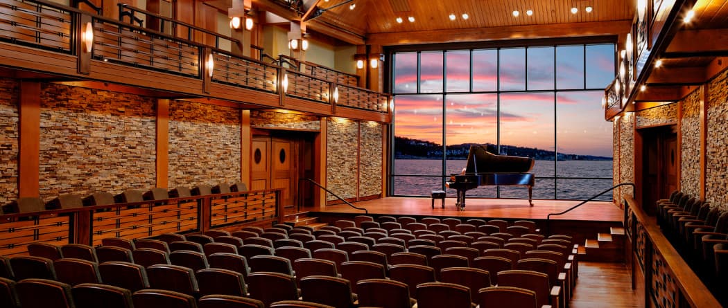 The Shalin Liu Performance Center overlooking the ocean at sunset. (Robert Benson Photography)