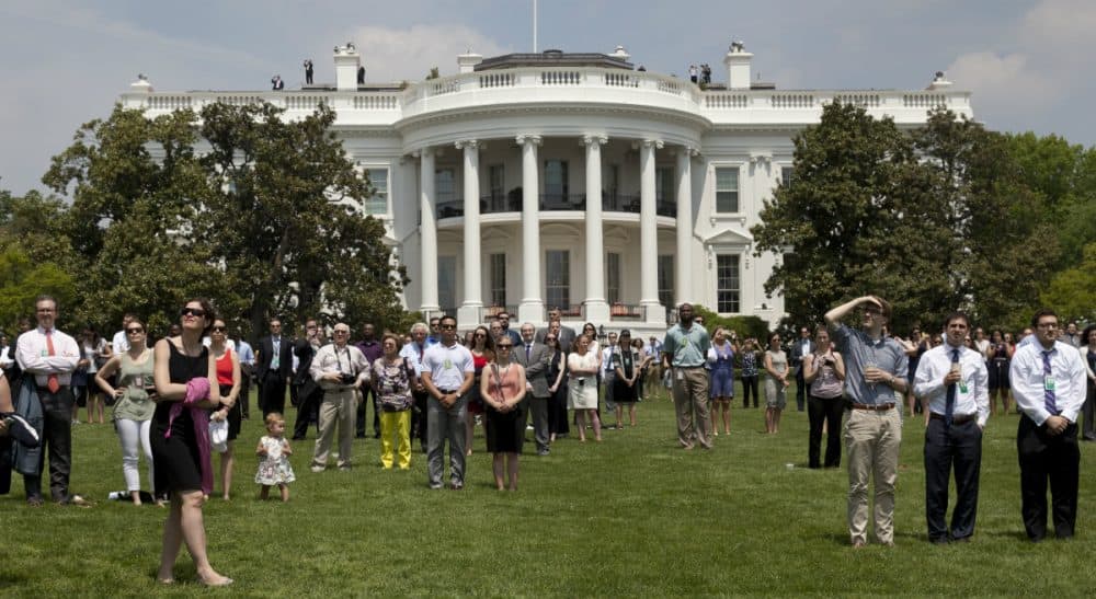 Janna Malamud Smith: If this nation is truly a democracy, why not let our citizens give governing a try? In this photo, people gather on the South Lawn of the White House, Friday, May 8, 2015, to watch Vintage military aircraft from World War II fly over Washington to mark the 70th anniversary of Victory in Europe Day. (AP Photo/Carolyn Kaster)