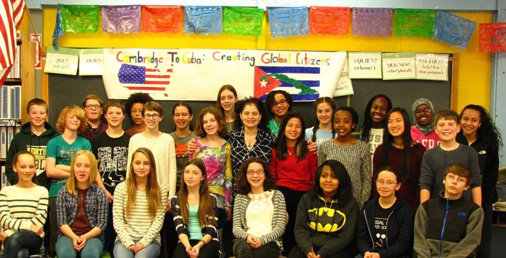 A group of seventh graders at Vassal Lane Upper School in Cambridge travels to Cuba Saturday. Most of the students are pictured above. The trip was organized by the school's Spanish teacher, Oksana Deinak-Pingitore, center, who is originally from Cuba. (Courtesy of Vassal Lane Upper School)