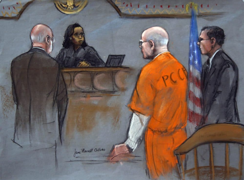 James "Whitey" Bulger is depicted in this 2013 courtroom sketch alongside his attorneys. (Jane Flavell Collins/AP)