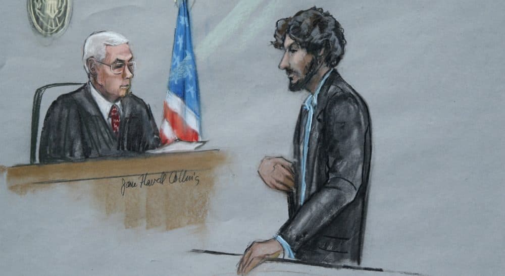 Amée LaTour: "Dzhokhar Tsarnaev...can now serve as a cautionary example to others: The resolve of ideology dissolves in the face of the concrete harm it attempts to legitimate." Pictured: In this courtroom sketch, Tsarnaev stands before U.S. District Judge George O'Toole Jr. as he addresses the court during his sentencing, Wednesday, June 24, 2015, in federal court in Boston. Tsarnaev apologized to the victims and their loved ones for the first time, just before the judge formally sentenced him to death. (Jane Flavell Collins/AP)
