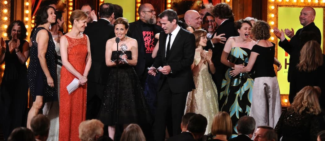 Kristin Caskey, center, along with a cast and crew accepts the award for best musical for “Fun Home”at the 69th annual Tony Awards at Radio City Music Hall on Sunday. (Charles Sykes/Invision/AP)