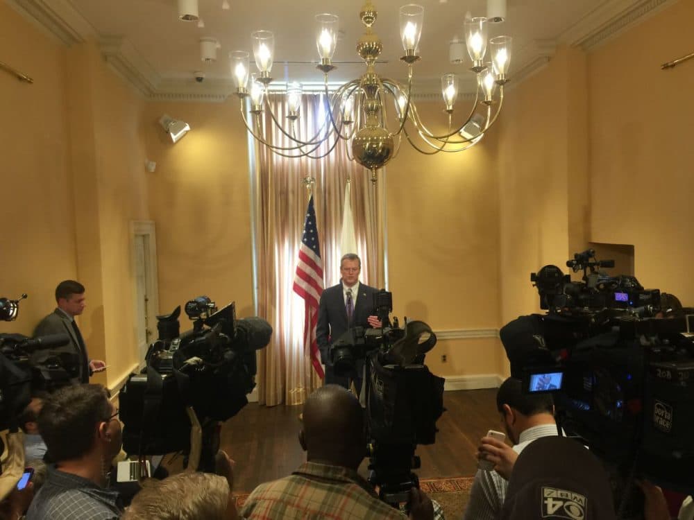 Gov. Baker talked Wednesday about the $38.1 billion budget. (Michael Norton/SHNS)