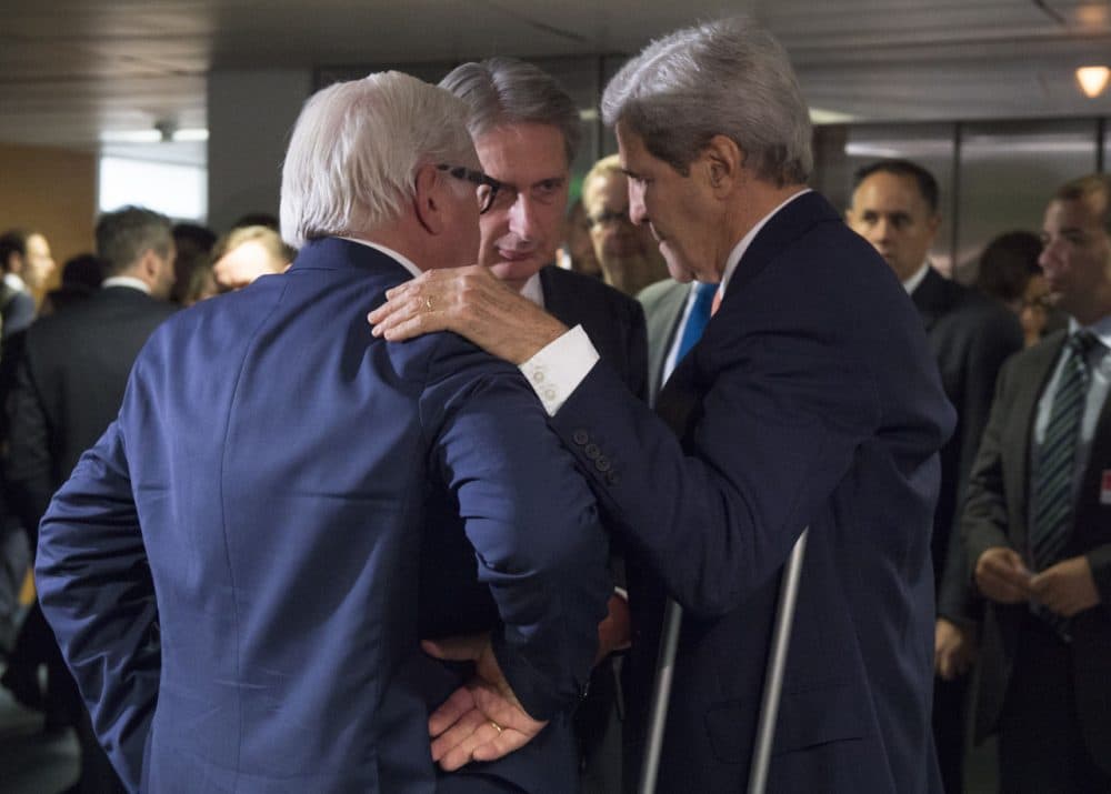 German Foreign Minister Frank-Walter Steinmeier, British Secretary of State for Foreign and Commonwealth Affairs Philip Hammond and US Secretary of State John Kerry talk prior to a plenary session at the United Nations building in Vienna, Austria July 14, 2015. Iran and six major world powers reached a nuclear deal on Tuesday, capping more than a decade of on-off negotiations with an agreement that could potentially transform the Middle East, and which Israel called an "historic surrender". (JOE KLAMAR/AFP/Getty Images)