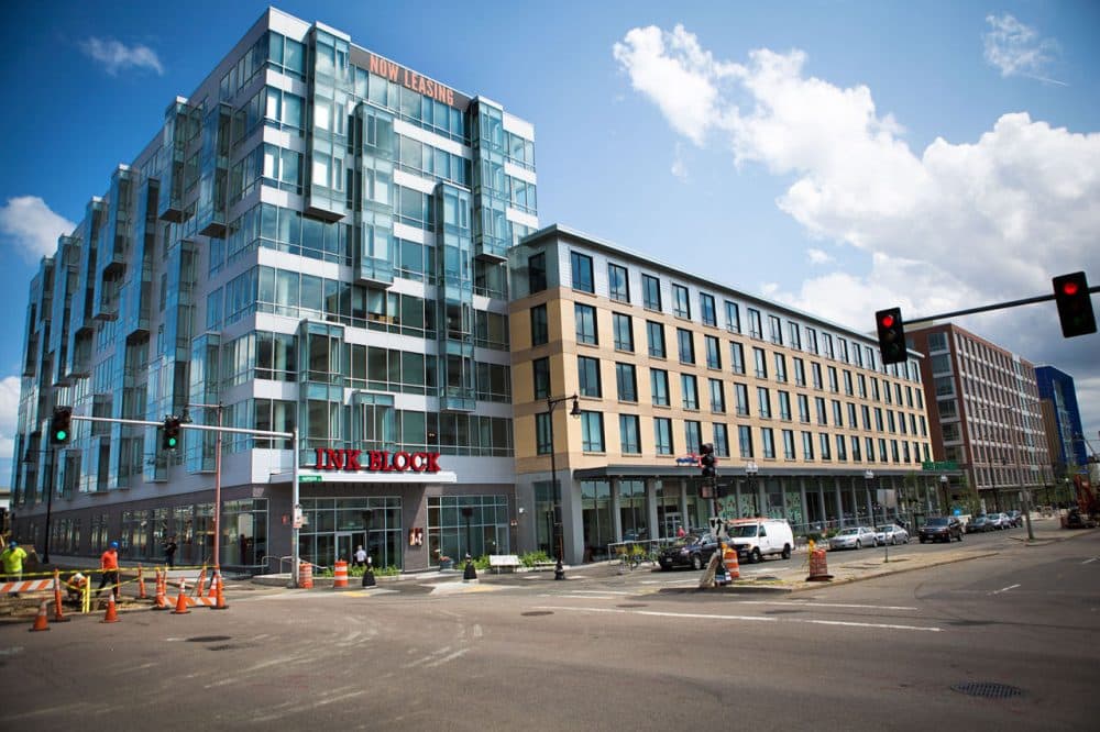 What used to be the Boston Herald is now the location of the Ink Block apartments in the South End on Harrison Ave. (Jesse Costa/WBUR)