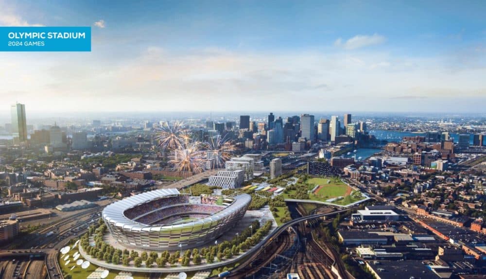 Organizers for the city's Olympic bid have now released documents on at least eight types of insurance it promises to purchase if it were to host the 2024 summer games. A rendering of the proposed Olympic Stadium, during the games (Boston 2024)