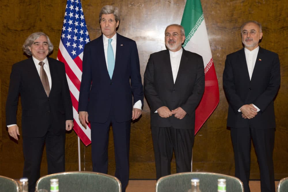 US Secretary of State John Kerry, second left, meets with Iranian Foreign Minister Mohammad Javad Zarif, second right, for a new round of nuclear negotiations on Monday, March 2, 2015, in Montreux, Switzerland. From left, Secretary of Energy Ernest Moniz, Kerry, Zarif, and Dr. Ali Akbar Salehi, head of Iran's Atomic Energy Organization. (Evan Vucci/AP)