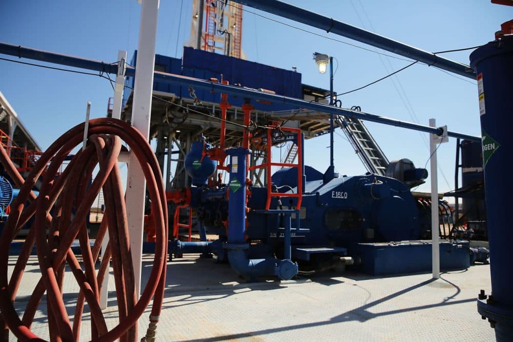 The Patterson 298 natural gas fueled drilling rig drills on land in the Permian Basin in Mentone, Texas. (Spencer Platt/Getty Images)
