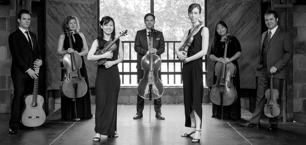 MSCM musicians in the Barn at Castle Hill: Simon Powis, Verena Sennekamp, Lorna Tsai, Jacques Lee Wood, Sage Cole, Estelle Choi and Jacob Adams. (Courtesy)
