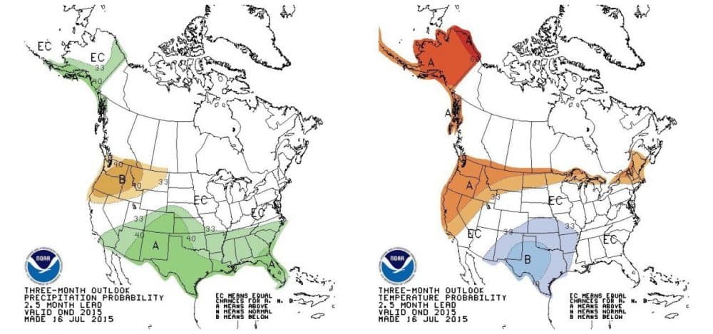 Charts from the National Oceanic and Atmospheric Administration show three-month precipitation (left) and temperature (right) outlooks, and the effects of "The Blob" on the Pacific Northwest and Alaska. (NOAA)