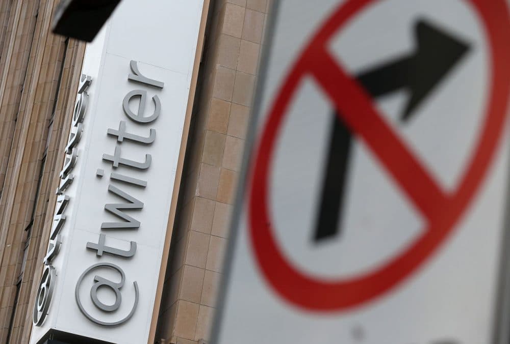 A sign is posted on the exterior of the Twitter headquarters on February 5, 2014 in San Francisco, California. (Justin Sullivan/Getty Images)