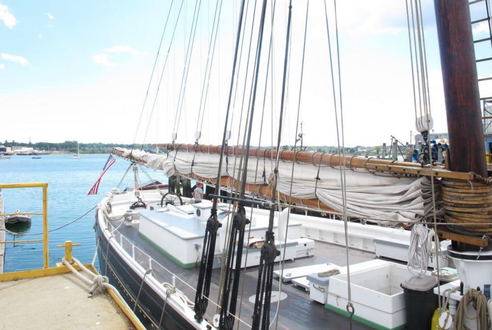 The Adventure sits in Portland Harbor, ready to be stocked with Maine goods before setting sail to Boston. (Tom Porter/MPRN)