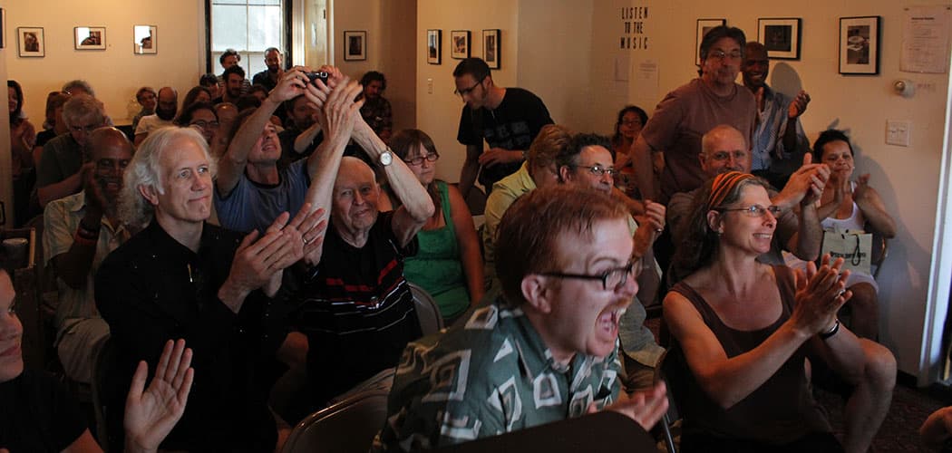 The crowd goes wild at the Boston Poetry Marathon. (John Mulrooney)