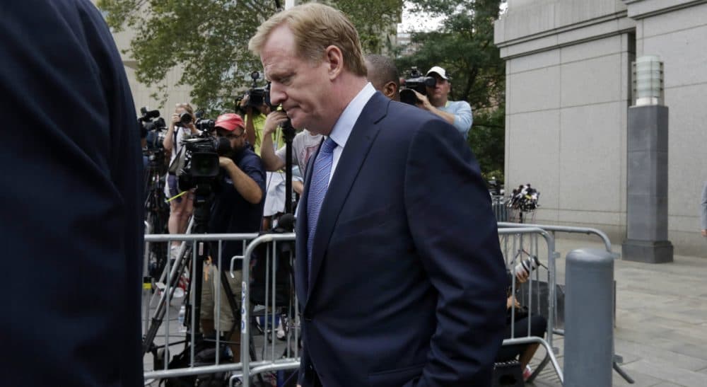 A federal judge deflated "DeflateGate" on Thursday, erasing New England quarterback Tom Brady's four-game suspension for a controversy that the NFL claimed threatened football's integrity. U.S. District Judge Richard M. Berman said NFL Commissioner Roger Goodell, pictured here on Aug. 31, went too far in affirming punishment of the Super Bowl winning quarterback. Still, Bill Littlefield wonders if Goodell wasn't using DeflateGate to serve his purposes all along. (Richard Drew/ AP)