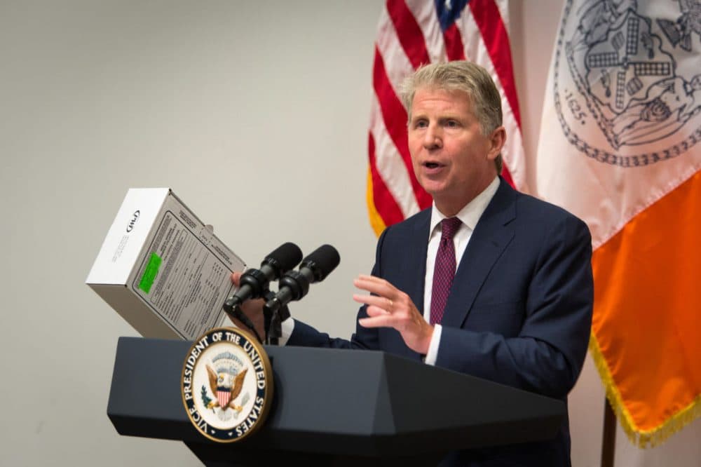 Manhattan District Attorney Cyrus Vance shows a sexual assault kit during a press conference at the Office of the Chief Medical Examiner Thursday, Sept. 10, 2015, in New York. During the event, Vance, Vice President Joe Biden, U.S. Attorney General Loretta Lynch and actress Mariska Hargitay announced almost $80 million in grants to help eliminate a vast nationwide backlog of rape kits. (Kevin Hagen/AP)